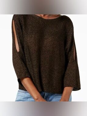 Eileen Fisher Organic Linen Blend Metallic Brown Open-Slit Sleeve Sweater
